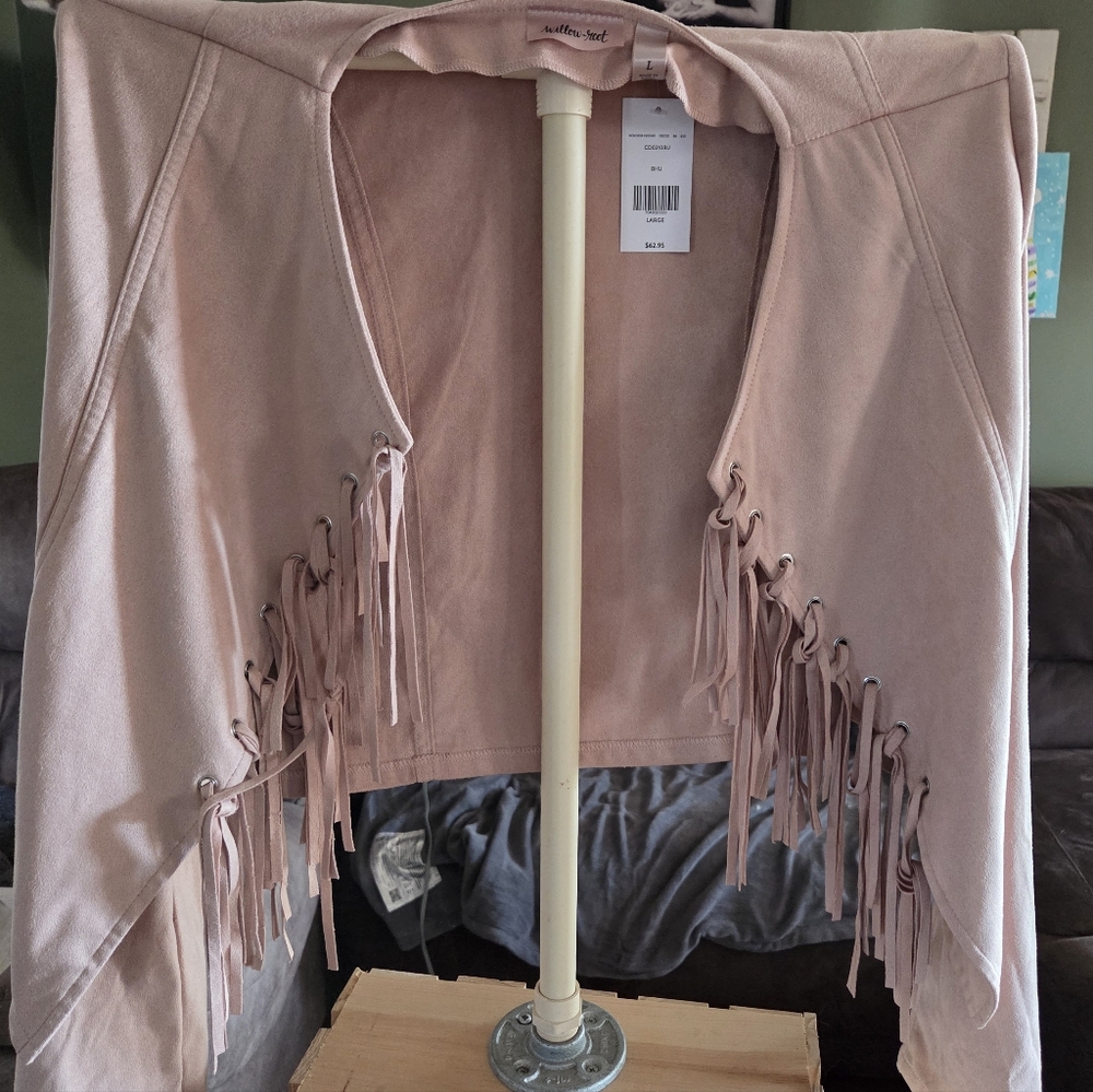 Willow & Root Blush Pink Faux Suede Jacket Women’s Large Boho Grommet Open Front